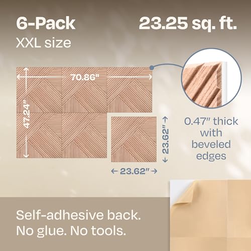 Image of XL Acoustic Wall Panels 6-Pack Decorative Acoustic Panels High Density Sound Absorbing Wall Art 70.86X47.24 Inches with Self-adhesive for Studio Home and Office - Oak Wood Finish