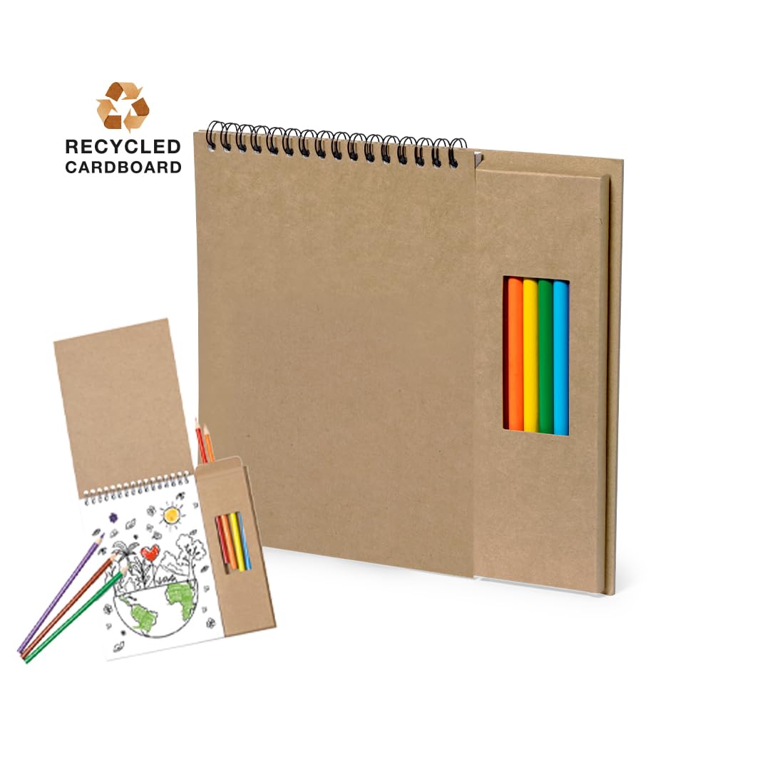 Lote de 25 Set de Lápices y Bloc para Colorear - 8 Lápices de Colores y Bloc de Notas de Anillas, con 6 Hojas de Motivos Naturales y 18 Páginas en Blanco. Regalos para cumpleaños Infantiles.