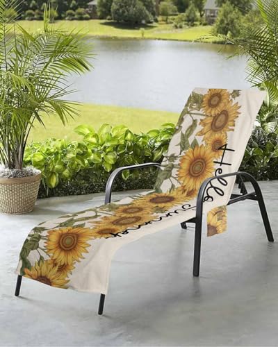 Beach Pool Patio Lounge Chaise Chair Cover Towel with Pockets, Sunflower Absorbent & Quick Dry Microfiber Towel Cover Bag Summer Travel Accessories for Sunbathing Vintage Botanical Farmhouse Floral