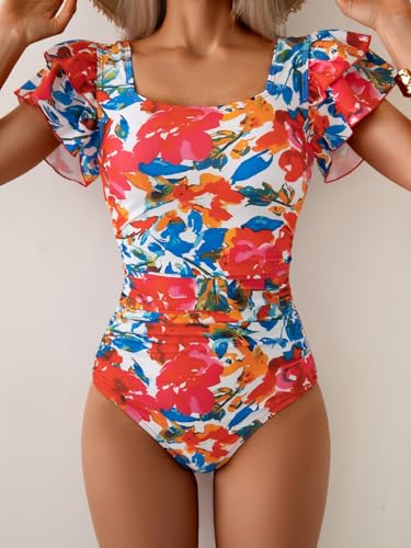 Image of Eomenie Women's Tummy Control One Piece Swimsuit Ruffle Square Neck Bathing Suit Ruched Cutout Back Slimming Swimwear