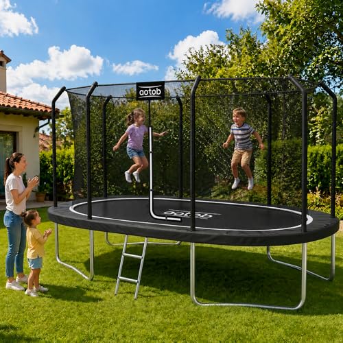Image of AOTOB 8x12FT Oval Trampoline - Perfect Outdoor Large Trampolines for Kids - Gymnastics Style Trampoline with Enclosure Net - Supports Up to 400 lbs-Black