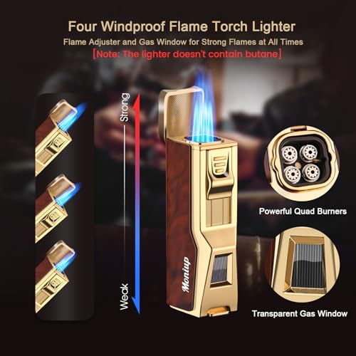 Cigar Lighter Set with V Cigar Cutter, Quad Windproof Jet Flame, Cigar Punch & Cigar Holder, 4-in-1 Cigar Accessories Kit with Gift Box for Christmas, Butane Refillable Torch lighters for Smoking - Image 3