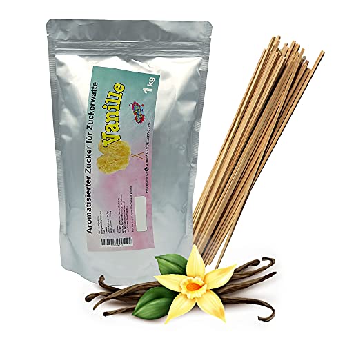 1 Kg Aromatisierter Zucker für bunte Zuckerwatte/Popkorn + 50 Zuckerwattestäbe 30cm Vierkant Cover