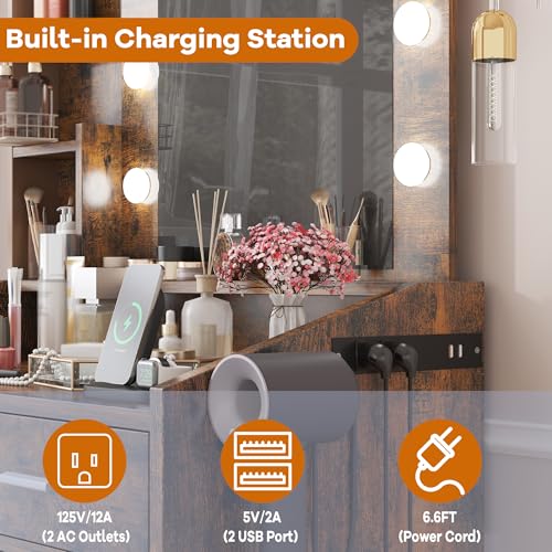 Garveehome Vanity Desk with Mirror and Lights, Makeup Vanity with Power Outlet & Cushioned Stool, 3 Lighting Modes Adjustable Brightness, Dressing Table with Hairdryer Holder for Bedroom, Rustic Brown
