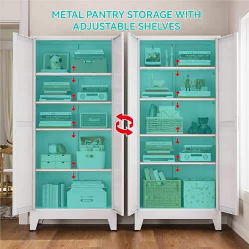 Image of Metal Storage Cabinet with Doors and Adjustable Shelves | 71 inch Tall Pantry Cabinet for Kitchen Dining Room Bathroom Garage,White,1 Pce