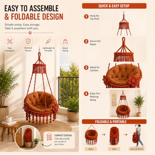 Image of Premium King Size Hammock Chair Swing with Cushion, 200kg Capacity | Indoor Outdoor Heavy Duty Adults & Kids Hanging Jhula for Home, Garden, Patio & Balcony | 1 Yr Warranty (Rust Orange)
