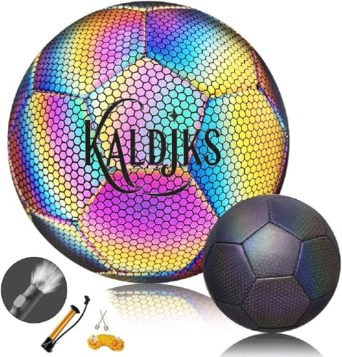 KALDJKS Leuchtender Fußball Reflektierender Soccer Ball Offizielle Größe 5 Holografisch Leuchtend im Dunkeln Fußball für Drinnen und Draußen - Ideal für Klein & Groß Fußballtraining Nachtspiele
