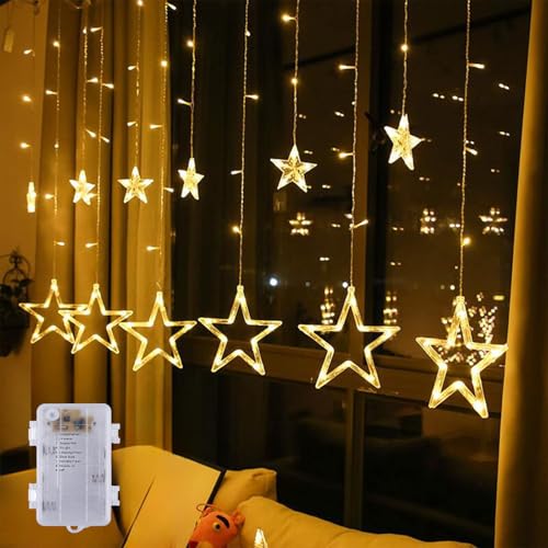 GlobaLink Cortina Luces LED Estrella 2M 138LEDs, Luces Estrellas Luces Navidad Exterior 12 Estrellas, IP44 Impermeable 8 Modos Luz Decoracion Navidad Ventana,Escaparate,Habitación,Boda-con Batería