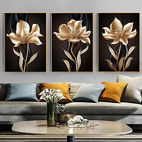 Art mural nordique noir et or : lot de 3 toiles abstraites florales modernes 50x70 cm sans cadre