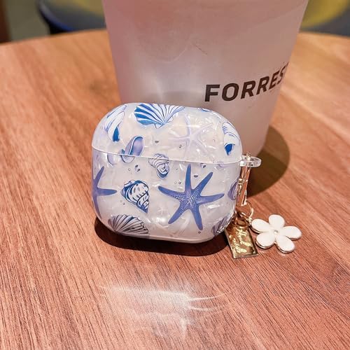 Image of MINSCOSE for AirPods 4 Clear Case,Cute Glitter Seashell and Starfish Pattern Design with Folral Keychain,Soft TPU Protective Cover for Girls Women for AirPods 4-Blue