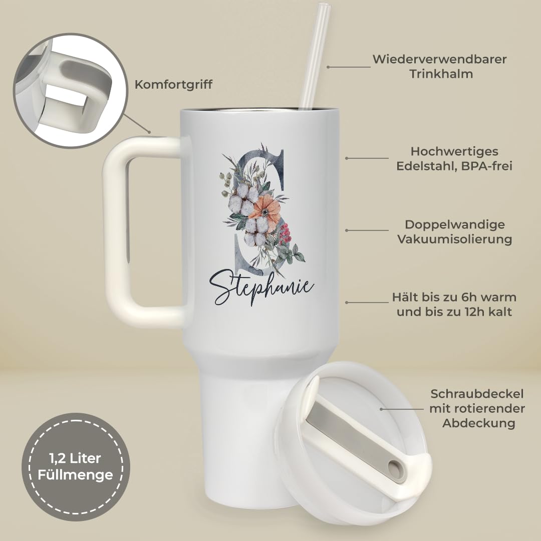 Personalisierter Thermobecher mit Blumen-Name | 1,2 Liter Fassungsvermögen | inkl. Deckel und Trinkhalm | hochwertig | To Go Becher mit Henkel im Blumendesign (40oz) | Geschenkidee | Isolierbecher