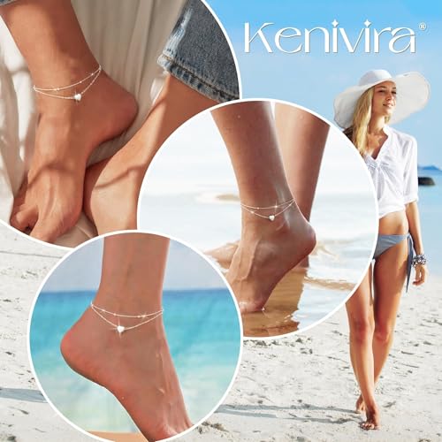 Image of Kenivira Sterling Silver Ankle Bracelets for Women,Gold Dainty Layered Waterproof Anklet for Women, Anklet Set Stackable Beach Gift Adjustable Size