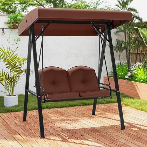 Image of Tangkula 2 Person Porch Swing, Patio Swing with Adjustable Canopy, Heavy-Duty Metal Frame & Soft Cushion, Outdoor Swing for Backyard, Garden (Brown)