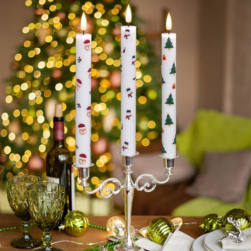 Image of Eldnacele Christmas Taper Flameless Candle Remote and Timer, Battery Operated 3D Wick Flickering Christmas Tree,Santa,Snowman Decal Candles Real Wax LED Candles Dinner Holiday Decor(6Pcs,0.78 inchx9.6 inch