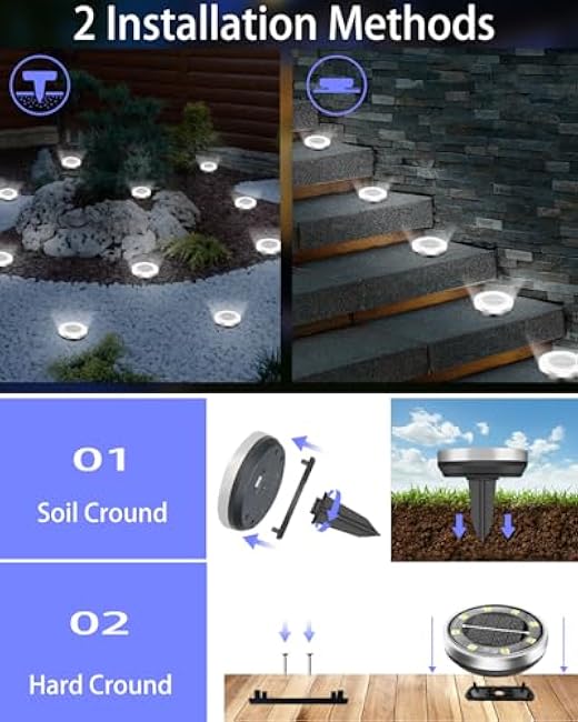 Solar Lights Outdoor Waterproof, 8 Pack 8 LED, Thickened Stainless Steel Ground Light, Solar Garden Lights Landscape Lighting for Patio Pathway Lawn Yard Deck Driveway Walkway, Cool White
