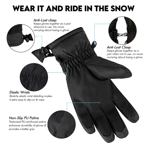 HIGHLOONG Kids Waterproof Ski Snowboard Gloves Thinsulate Lined Winter Cold Weather Gloves for Boys and Girls (Black, 4/5)