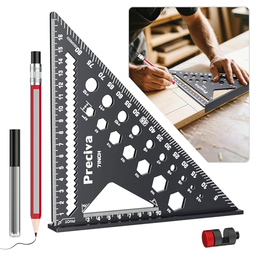 Preciva Escuadras Metalicas Carpintero con Lápiz y Localizador de Tuercas, Escuadra Carpintero 180Mm para Carpintero Medir y Marcar
