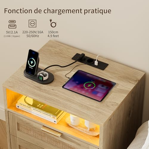Table de Chevet avec éclairage LED et Multiprise Intégrée Lot de 2 BonVache - 6