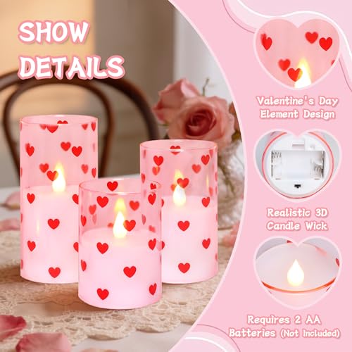 Image of Love Flameless Candles with Remote Timer, Glass Battery Operated Candles, Pink Spray-Painted Heart LED Candles for Home Party Wedding Valentine's Day Decor Set of 3