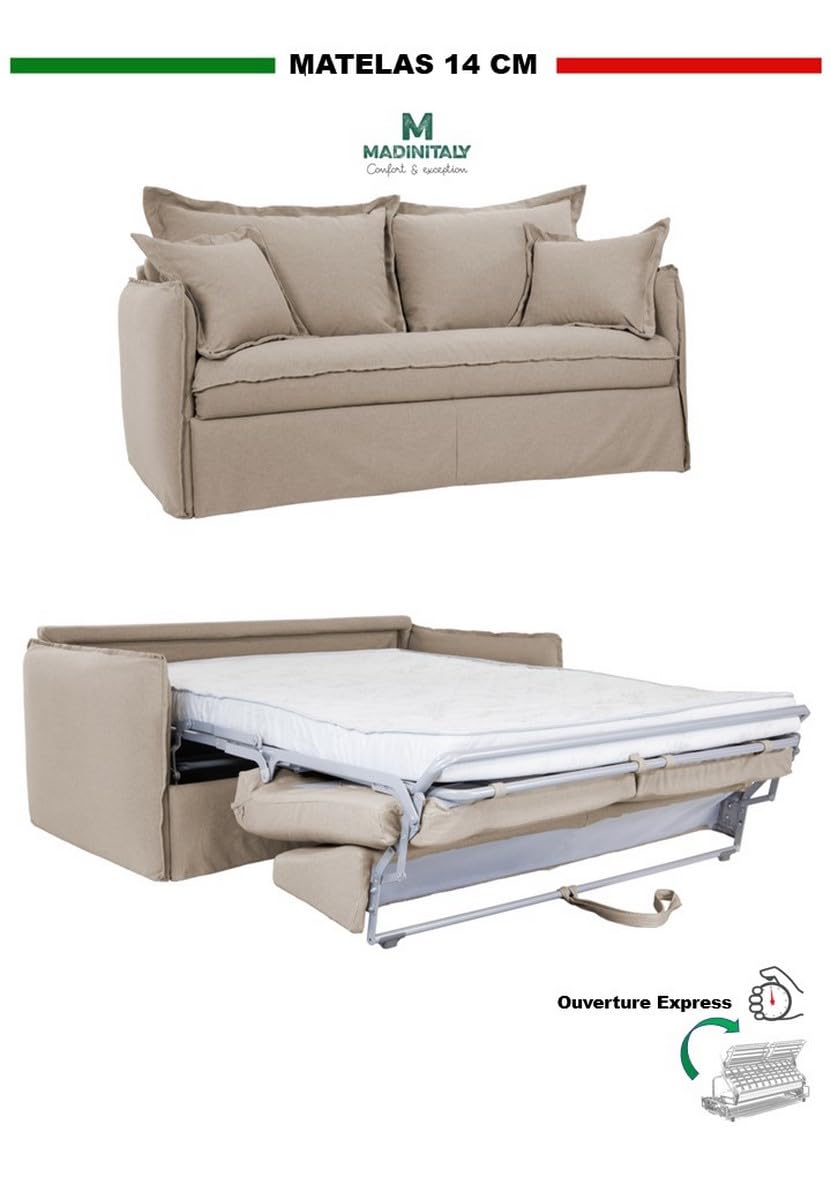 Divano Letto MILOS 3 Posti,Struttura in Metallo e Legno,Interamente Sfoderabile, Rivestimento in Tessuto,Rete ad Apertura Rapida,Materasso 160x190 cm H14 cm, Colore: Camel