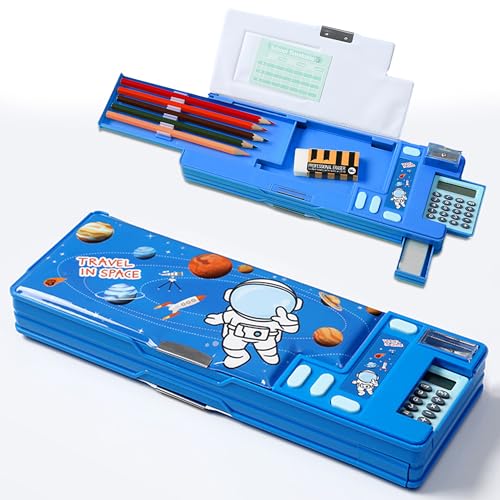 Image of Pop Up Multifunction Pencil Case, Cute Cartoon Pen Box Organizer Stationery with Calculators, Sharpener, Schedule, School Supplies, Best Birthday Gifts for Kids Teens (Blue)