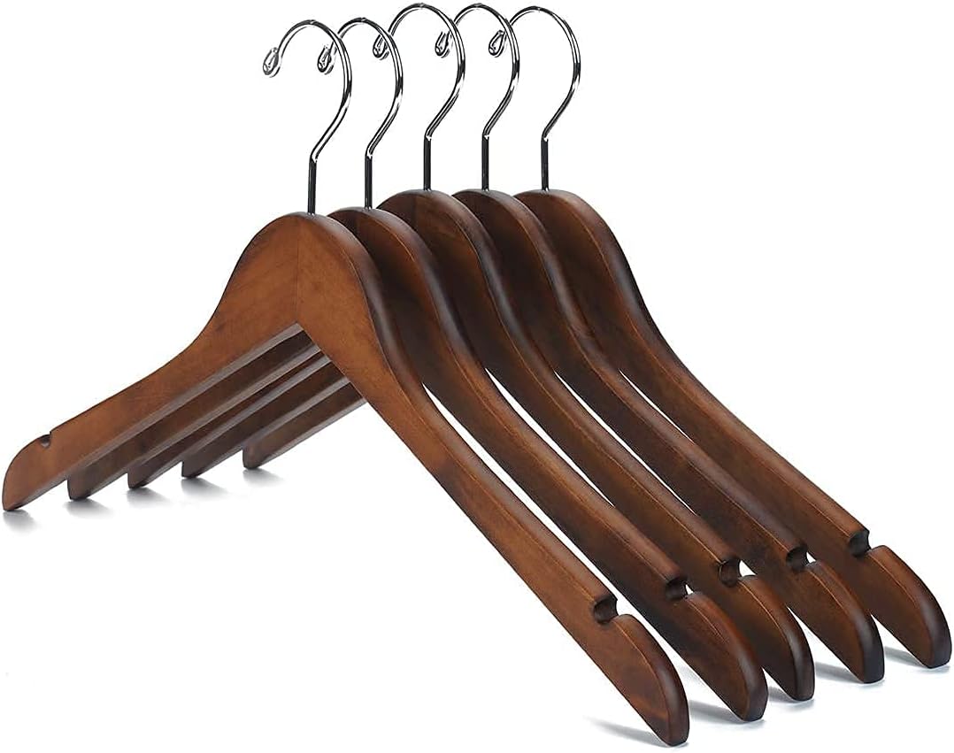 5PCS Wooden Clothes Hanger Smooth Finish Solid Wood Coat Hanger Non-Slip Premium Wooden Coat Hanger Suit Hanger with 360 Degree Rotating Hook for Shirts Coats Jackets Trousers and Pants Hanger