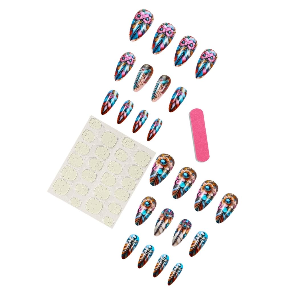 Fall Flowers False Nails Almond Shape with Unique Floral Designs Valentine Stick on Nails 24pcs