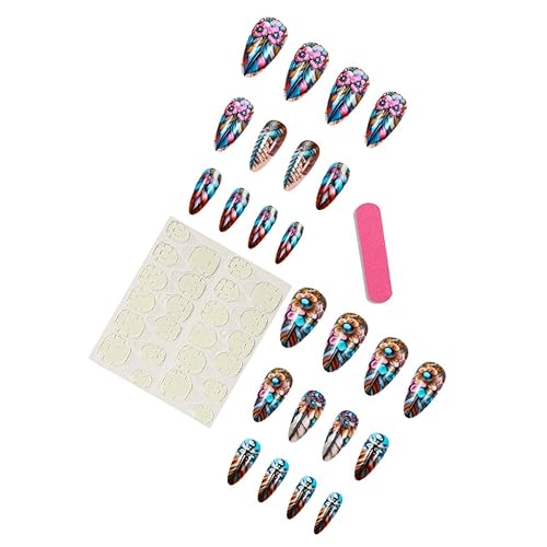 Elegant Almond Nails Press Ons with Colorful Floral Patterns and