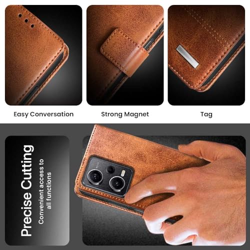 Image of WOW IMAGINE Shock Proof Hand Stitched Luxury Premium Flip Cover Case for Xiaomi Redmi Note 12 Pro 5G (Flexible | Leather Finish | Card Pockets Wallet & Stand | Tanned Brown)