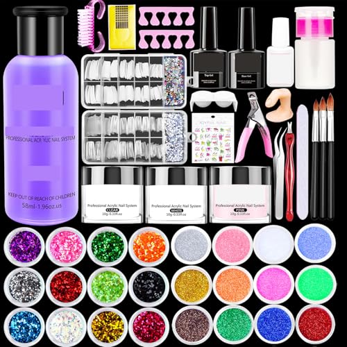 Complete Acrylic Nail Kit with 200 Pieces Nail Tips and 24 Glitter Powders Professional All in One Set for Beginners with Everything Including Liquid Brush Tools Rhinestones