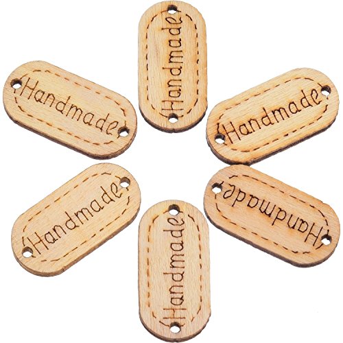 Blulu 200 Pack Handmade Tag Label Wooden Buttons Oval Wood Handmade Tags Button with 2 Holes for Crafts Sewing Clothing Decoration, Included Velvet Storage Bag