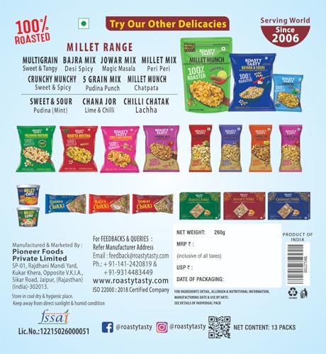 Image of Roasty Tasty Assorted Healthy Snacks & Sweets Pack of 26 | Roasted Namkeen Snack & Millet Chikki Bar Mix | Sugar Free Chikki | Palm Oil Free Lite Namkeen | Diet Namkeen Combo for Adults |