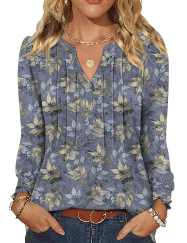 LOMON Womens Dressy Tops Ruffle Long Sleeve Top V Neck Womens Oversized Tee Shirts Flowy Blouses for Women Dressy Casual Gray Blue Floral XL