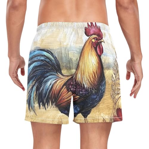 Mens Swim Trunks with Liner, Rooster Farm Vintage Cool Quick Dry Beach Swim Shorts, Swimwear Bathing Suits S2