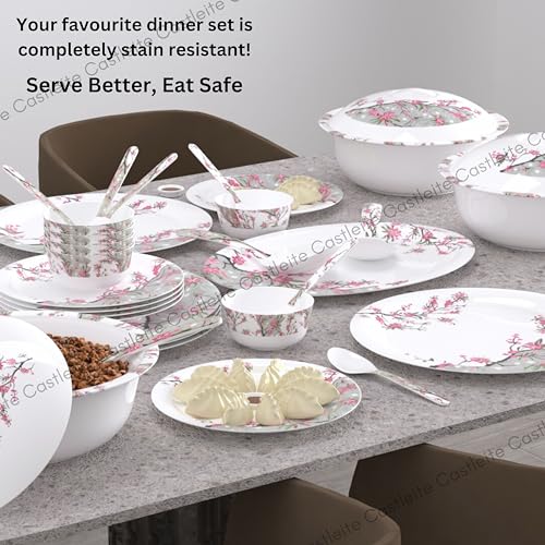 Image of Castleite Piccolo 40 Pieces Melamine Dinner Set - Elegant, Break & Stain Resistant, Designer Crockery Dinnerware in Exclusive Edgy Square Shape for Your own Home Kitchen or Gifting (Rouge Blush)