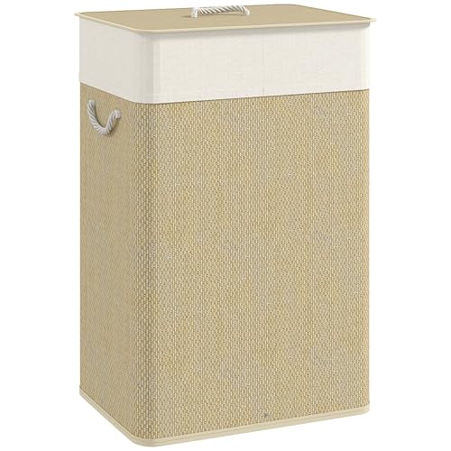 HOMCOM Cesto de Ropa Sucia con Tapa 72L Cesta Colada de Bambú con Bolsa Interior Extraíble y Asas para Lavandería Dormitorio 40x30x60 cm Natural