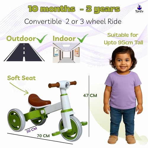 Image of 3-in-1 Toddler Tricycle & Balance Bike for Toddlers 1-3 Years, Easy-Assemble Baby Trike with Silent Wheels, Sturdy Safe Frame, Indoor & Outdoor Ride-On Bicycle for Boys & Girls (Green White)