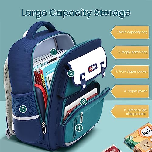 Image of SANNIDHI Modern Blue Waterproof School Backpack, 15.7*11.8*7.1 inches, Unisex, 3 - 10 Years, Elementary School, Daypack Backpack with Padded Shoulder Strap and Zipper Closure