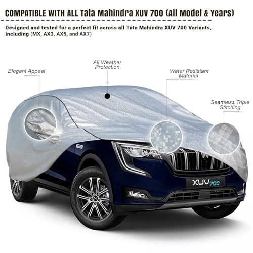 Image of Pivalo Car Cover for XUV700 All Model & Years (2021-2025) 100% Waterproof with Mirror Pockets, Triple Stitched Bottom Elastic Dustproof Full Body Protection (Heat & UV Resistant, Silver)