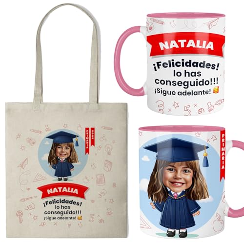 Kembilove® Taza y Bolsa Personalizada Graduación Niña | Regalo Original Fin de Curso Infantil o Primaria | Diseño con Caricatura y Nombre | Personalizado con Profesión y Año
