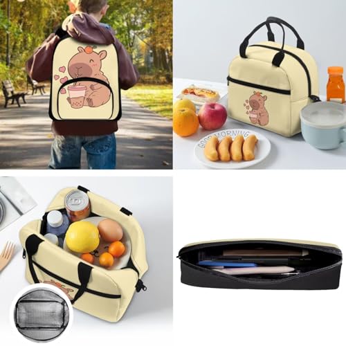 Tuoxiukan Capybara Boys Backpack With Lunch Box and Pencil Case 3 Piece Kids School Backpack Set for Elementary School Girls 12 Inch Schoolbag with Front Compartment Zip Around 5