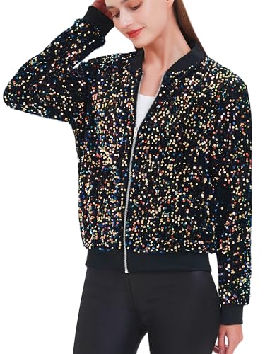 Anna-Kaci Velvet Long Sleeve Sequin Glitter Bomber Jacket Zip Night Out Blazer