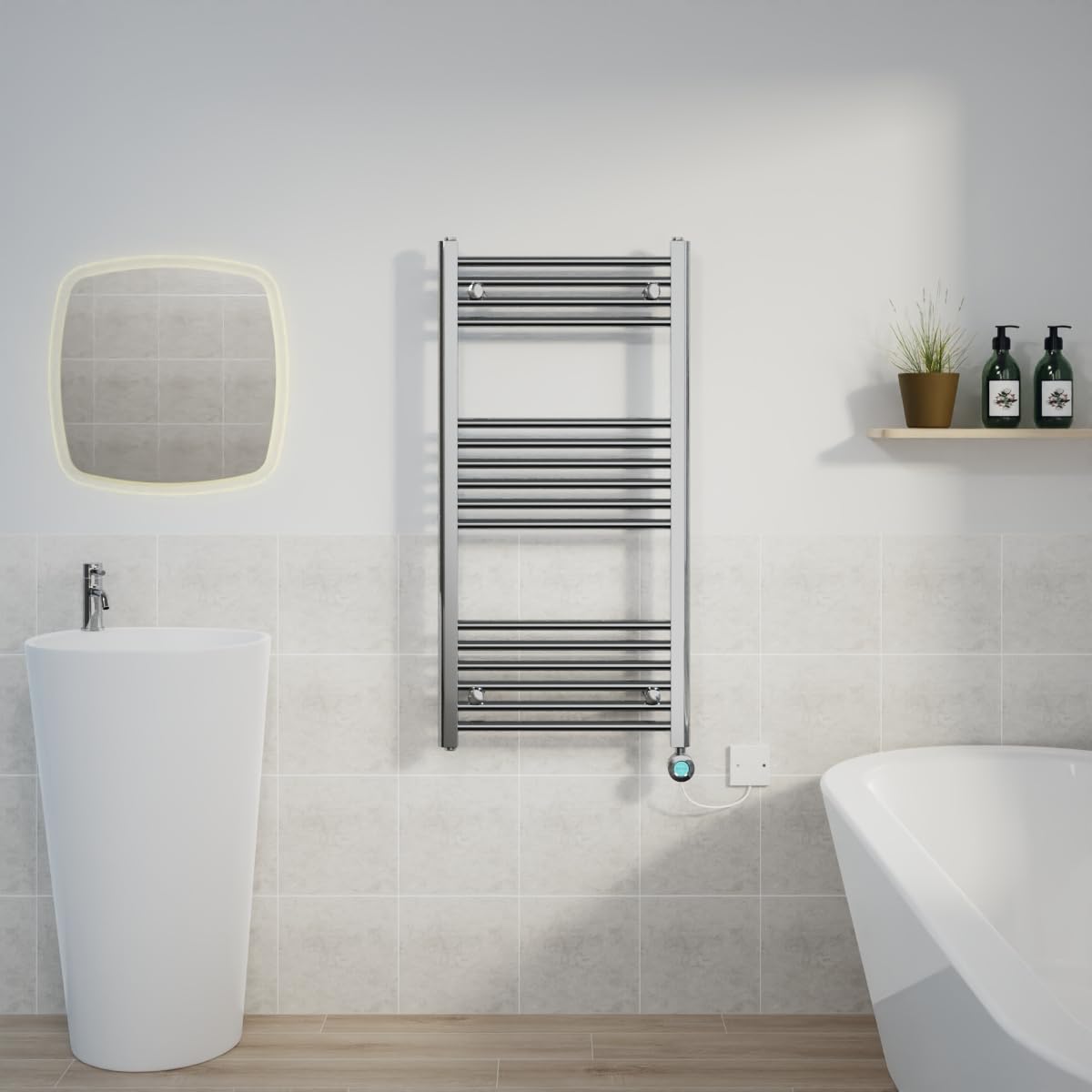 Warmehaus Prefilled Electric Thermostatic Heated Towel Rail Bathroom Ladder Radiator Straight with 600W LCD Display Timer Electric Heating Element Chrome 1000x500mm