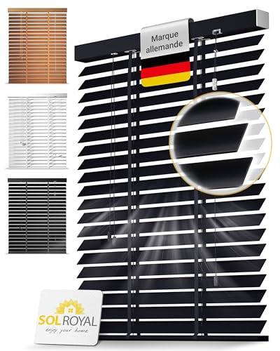 Sol Royal Store Venitien Bois 80x180 cm Lamelles 50 mm Extra Larges Noir – Montage Facile Mur & Plafond – Brise-Vue Fenêtre Bois Massif – Stores...