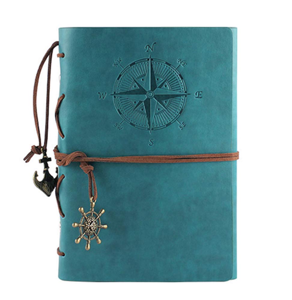 Leather Writing Journal Notebook, Vintage Nautical Spiral Notebook Refillable Diary Sketchbook Travel Journals to Write in with Blank Pages and Retro Pendants (Sky Blue)