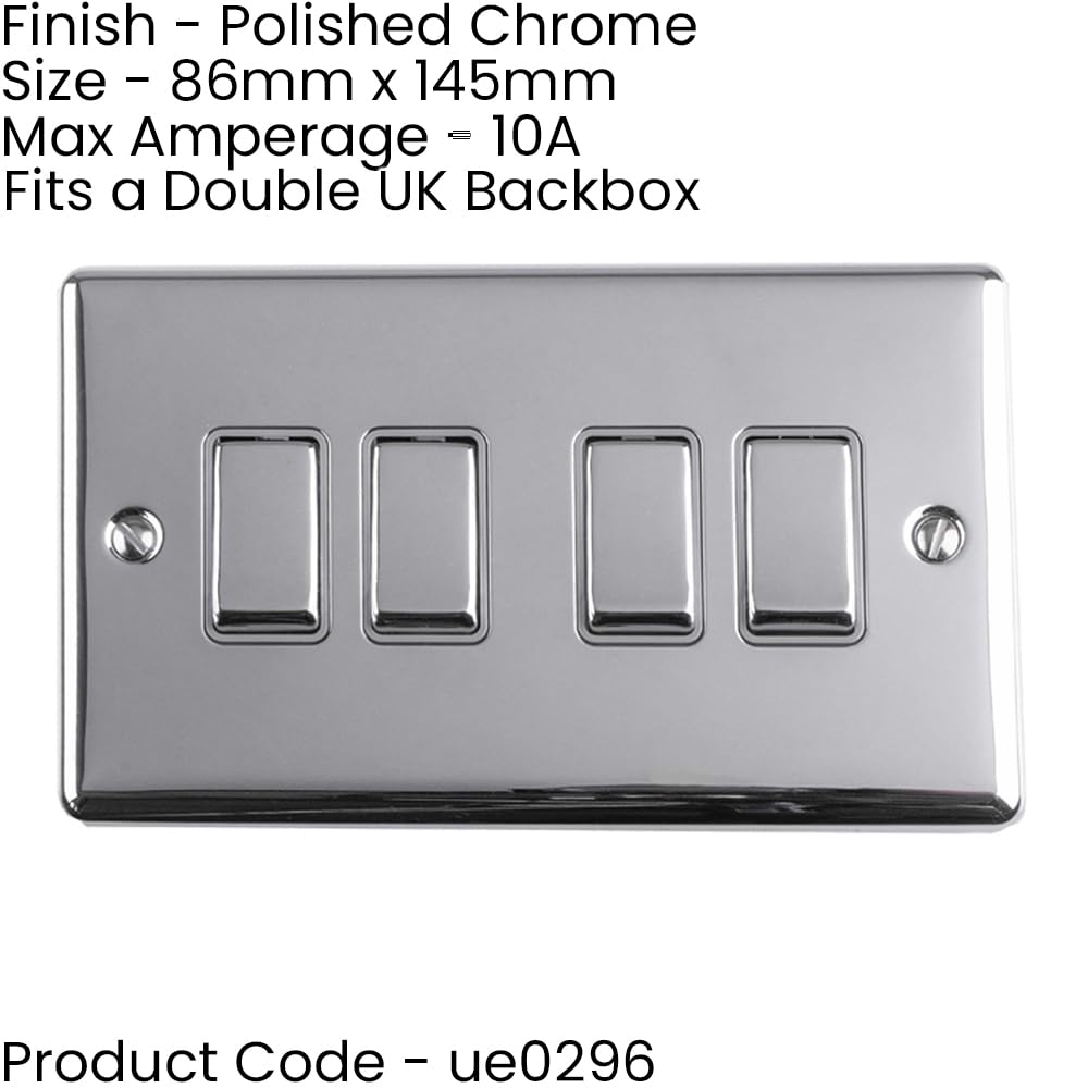 Metall-Lichtschalter, 4-Gang-Vierfach-Lichtschalter, poliertes Chrom, 2-Wege, 10 A, graue Zierleiste, dekorative Küche, Wohnzimmer, Schlafzimmer, 2 Stück