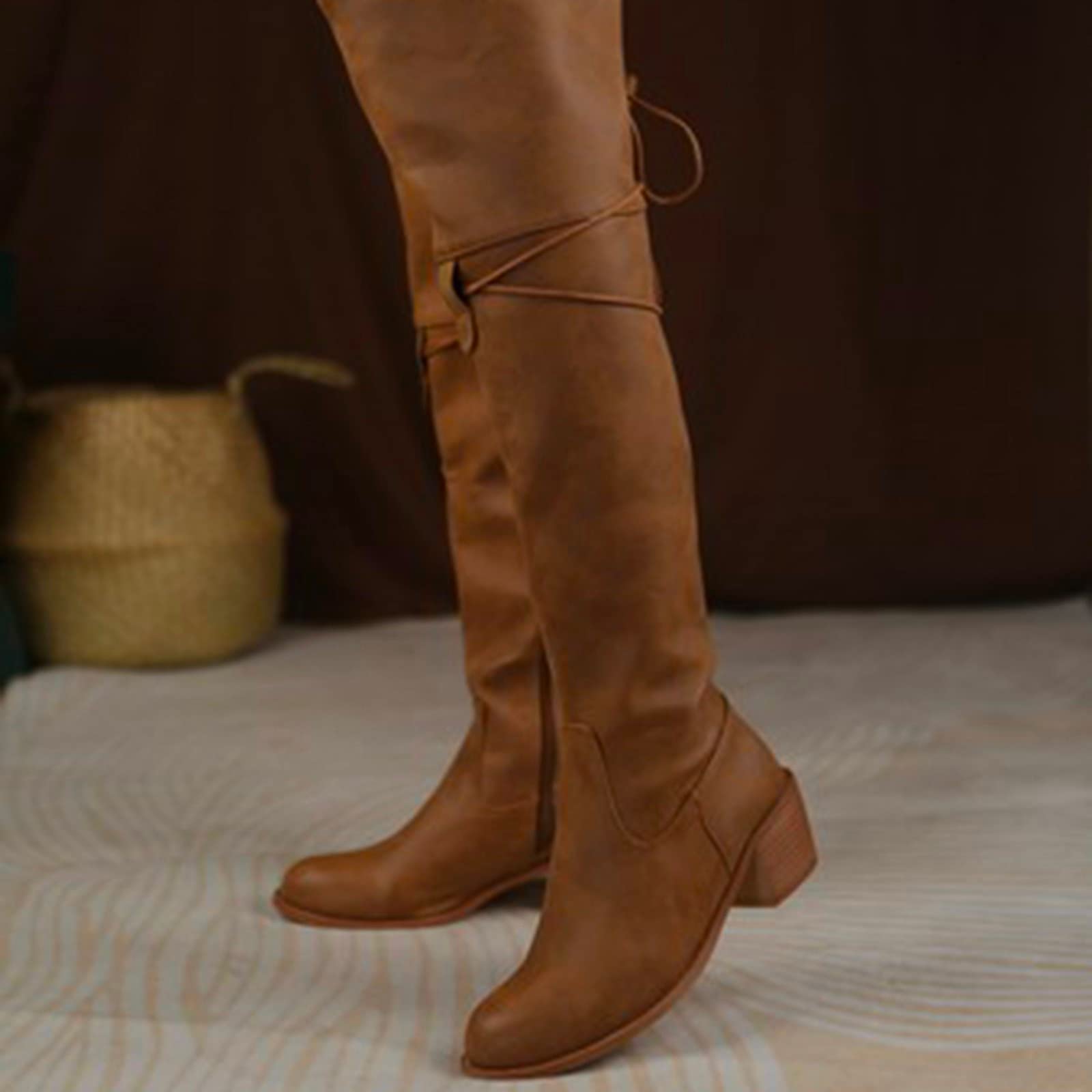 Botas Altas Mujer Invierno Botas Cowboy Mujer Cordones Cierre De Cremallera Lateral Moda Retro Antideslizantes Comodas Bota Tacones Medios-Bajos Clásicas Sólido Por Encima La Rodilla Casual Bota