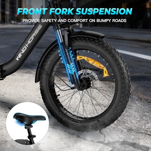 Image of WINDHORSE 20 inch Foldable Electric Bike, 983W Peak Motor, 20MPH, 40-70 Miles, 48V 748.8Wh Removable UL Battery, Front Suspension, Fat Tire E-Bike for Commuting, Beach, All -Terrain | Adults & Teens