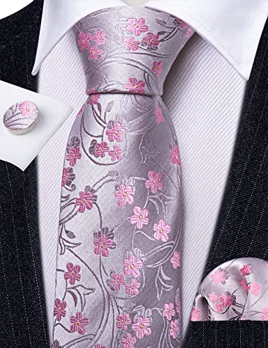 Image of Barry.Wang Flower Ties for Men Handkerchief Cufflinks Set Wedding Necktie Set Party