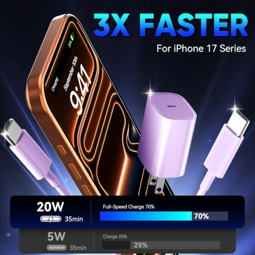 Image of Phone 17 16 15 Pro Charger Fast Charging, 20W USB C Fast Charger Block with 10FT Long Type C Chargers Fast Charging Cable Cord for Phone 17 /17 Pro /17 Pro Max /Air /16 Pro Max /16 Pro /15Pro-Lavender